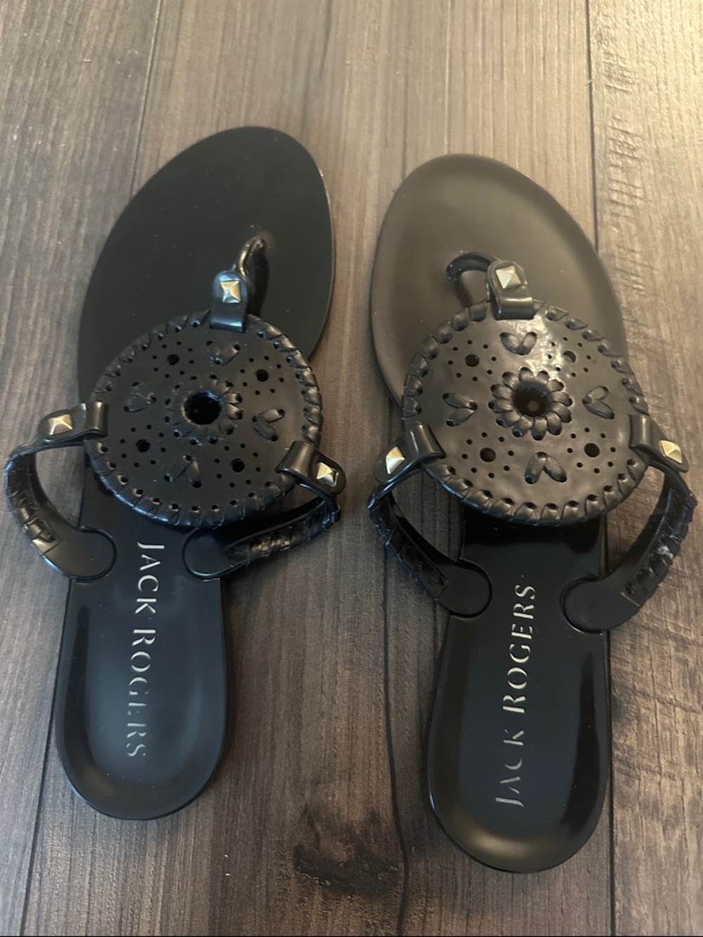 Jack Rogers Black Leather Medallion Sandals